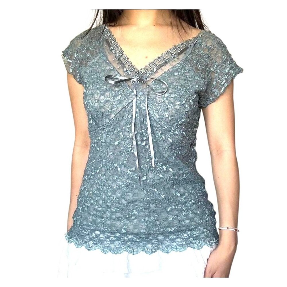 Y2K Merona Blue Floral Lace Babydoll‎ Blouse Shirt Top Ribbon Fairycore Sz L